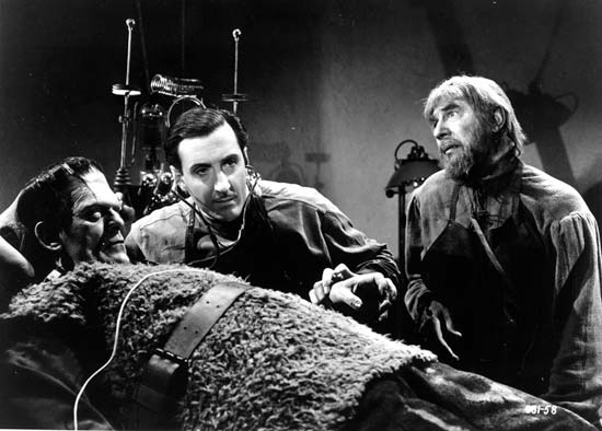 Boris Karloff as the monster (left), Basil Rathbone as Dr. Wolf Frankenstein (center), and Bela Lugosi as Ygor (right) in <i>Son of Frankenstein</i> (1939)