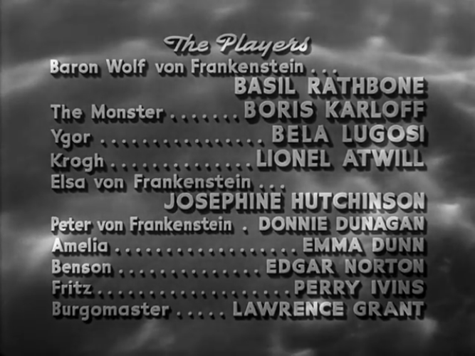 The opening credits to <i>Son of Frankenstein</i> (1939) which credit Bela Lugosi as Ygor, not Igor (maybe Charlie Ellis was still getting popcorn?)
