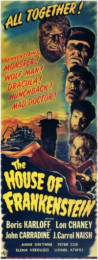 J. Carroll Naish as the 'hunchback' Daniel (second from bottom) and Boris Karloff as the 'mad' Dr. Neimann (bottom) on a poster for <i>House of Frankenstein</i> (1944)
