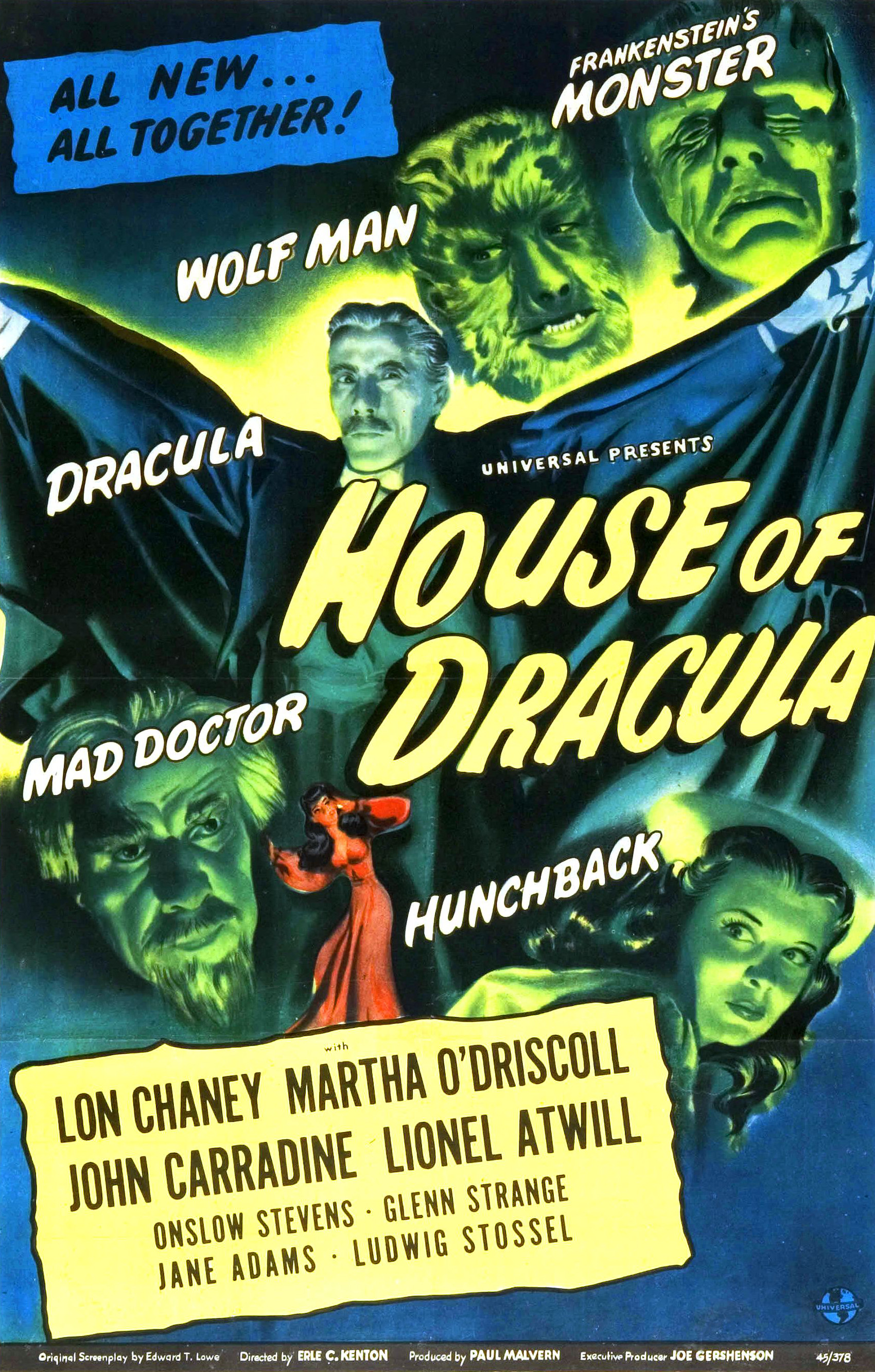 Jane Adams as the 'hunchback' Nina (bottom right) and Onslow Stevens as the 'mad' Dr. Edelmann (bottom left) on a poster for <i>House of Dracula</i> (1945)
